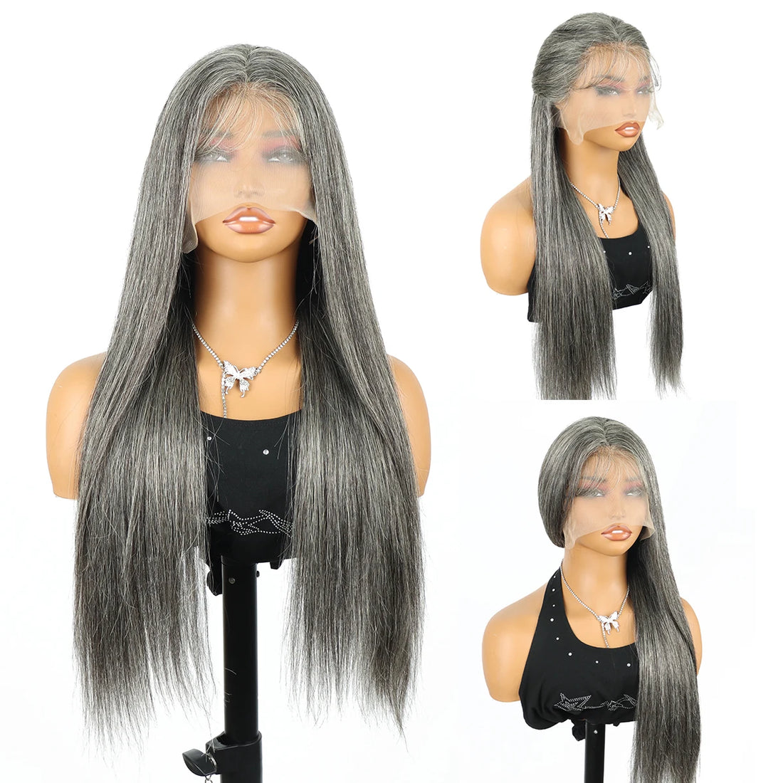 40Inch Silver Grey Salt & Pepper Straight Human Hair Wigs 13x6 Transparent Front Human Hair Wigs 13x5 Brazilian Remy Closure Wig