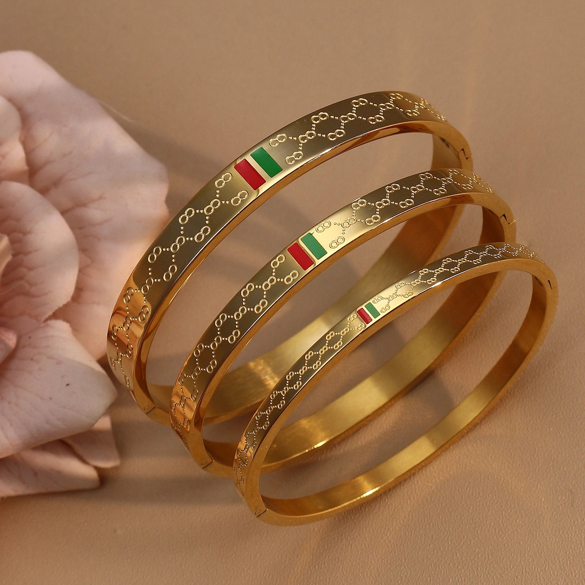 18K Gold Plated Unisex Bangles with Red/Green Accents