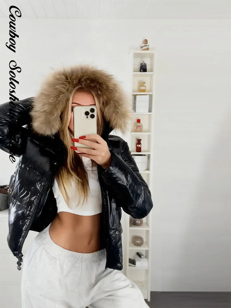 Women Glossy Surface Hooded Padded Jacket Fashion Faux Fur Zipper Cropped Jackets Lady