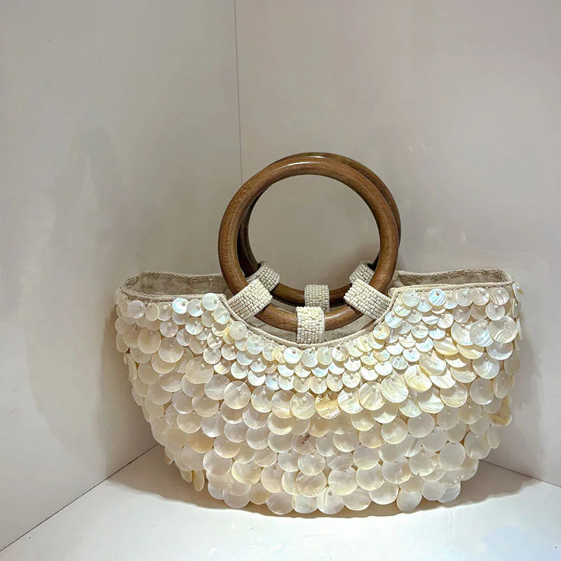 Handmade Shell Embroidery Woven Tote Bag – Luxury Straw Bucket Handbag with Wooden Handle