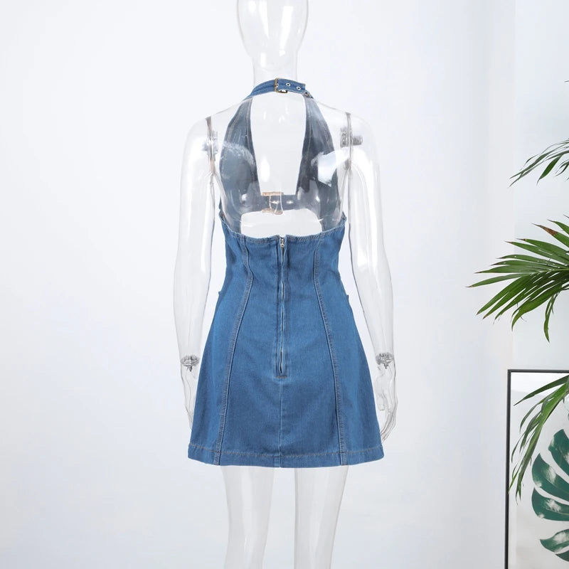 Deep V Neck Halter Denim Dress Hollow Out Belt Design Waist Cinched Slim Fit Cowboy Women Vest Short Dresses Streetwear Clothes