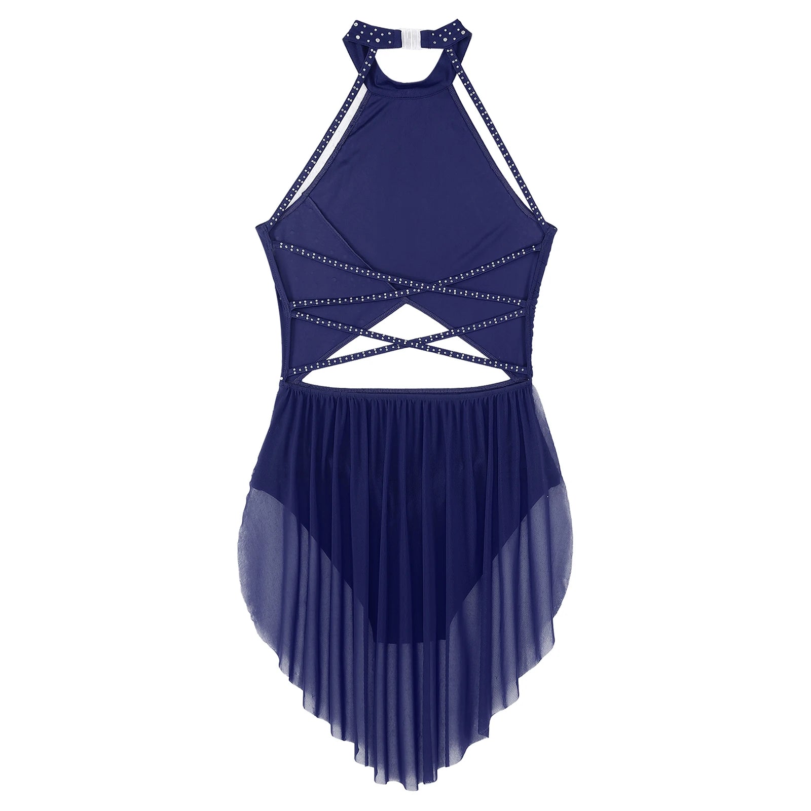 Womens Lyrical Dance Dress Performance Costume Cutout Strappy Backless Sheer Mesh Overlay Glittery Rhinestone Leotard Dress