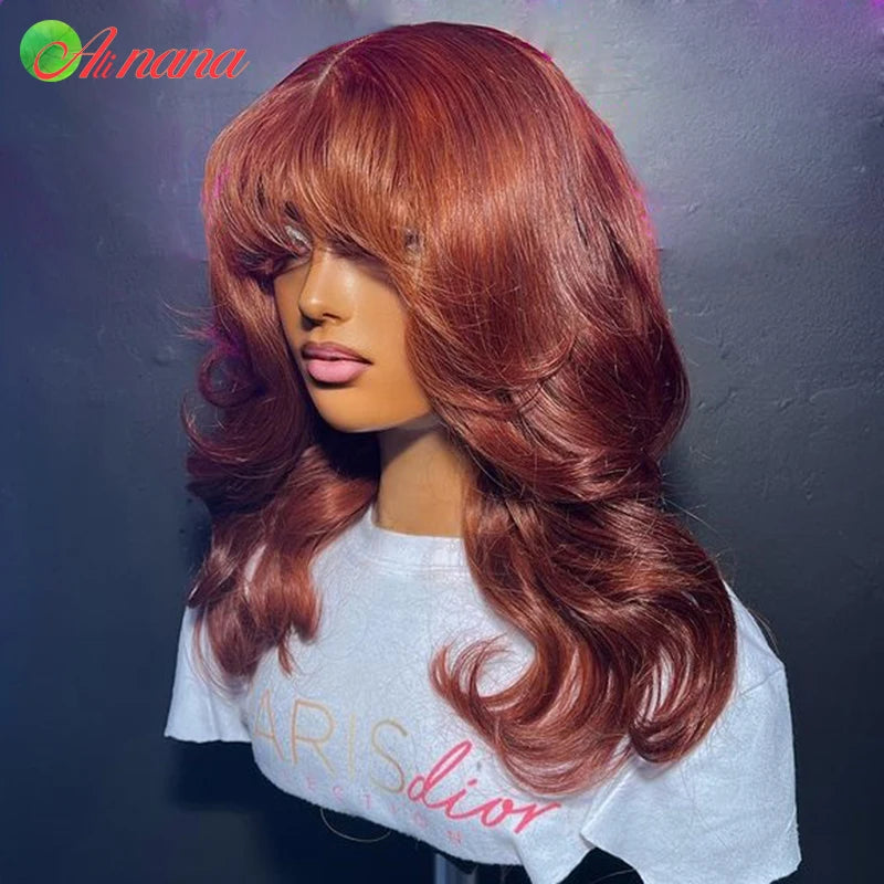 Reddish Brown Colored Body Wave With Bangs 13x6 Lace Frontal Wig Brazilian Remy Human Hair Wig For Women 5x7 Lace Closure Wigs
