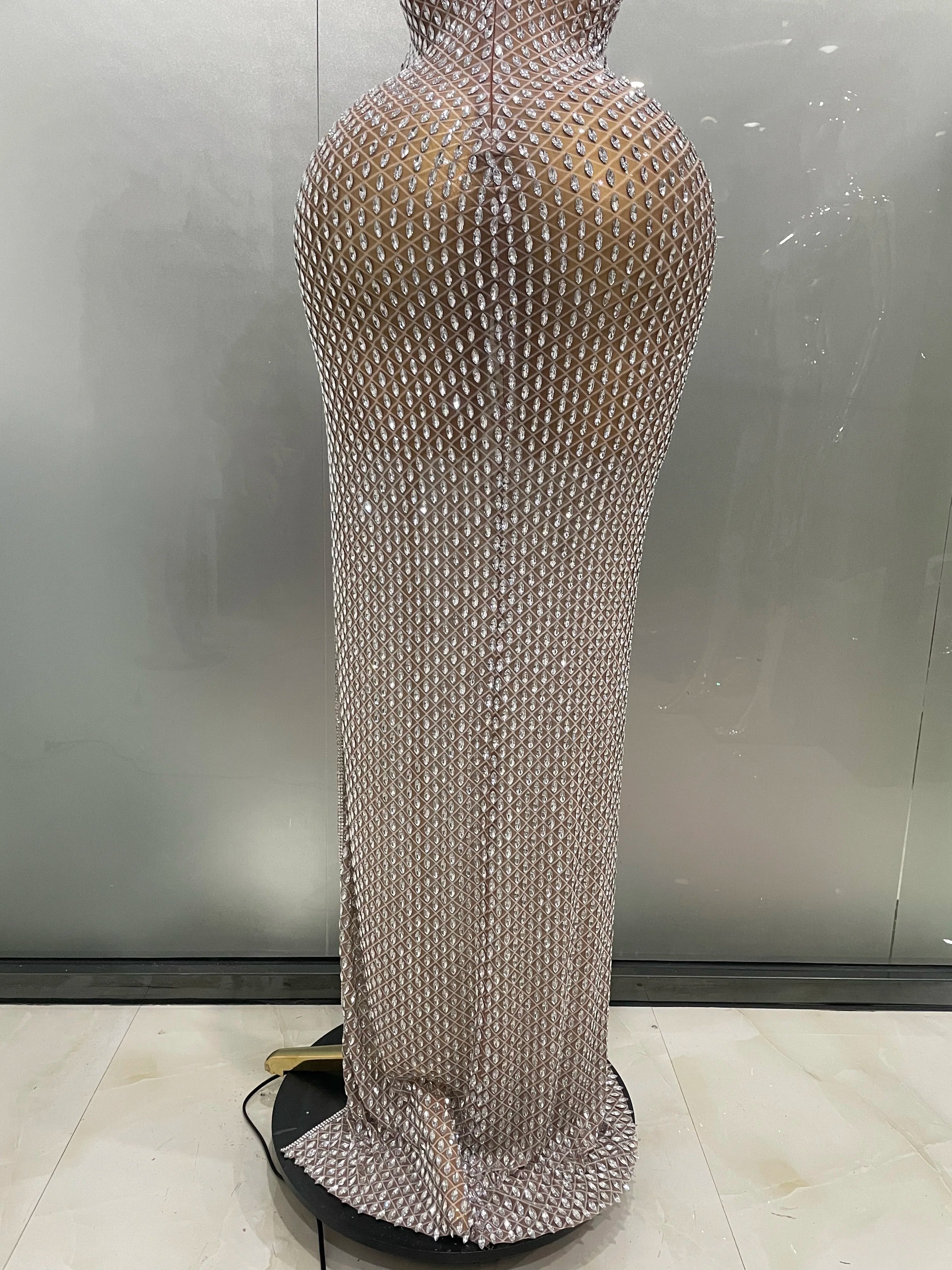2025 Luxurious Full Rhinestones Mesh Transparent long dress Women Birthday Celebrate Evening Prom Dress party Club Stage Costume