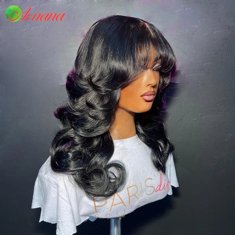 Reddish Brown Colored Body Wave With Bangs 13x6 Lace Frontal Wig Brazilian Remy Human Hair Wig For Women 5x7 Lace Closure Wigs