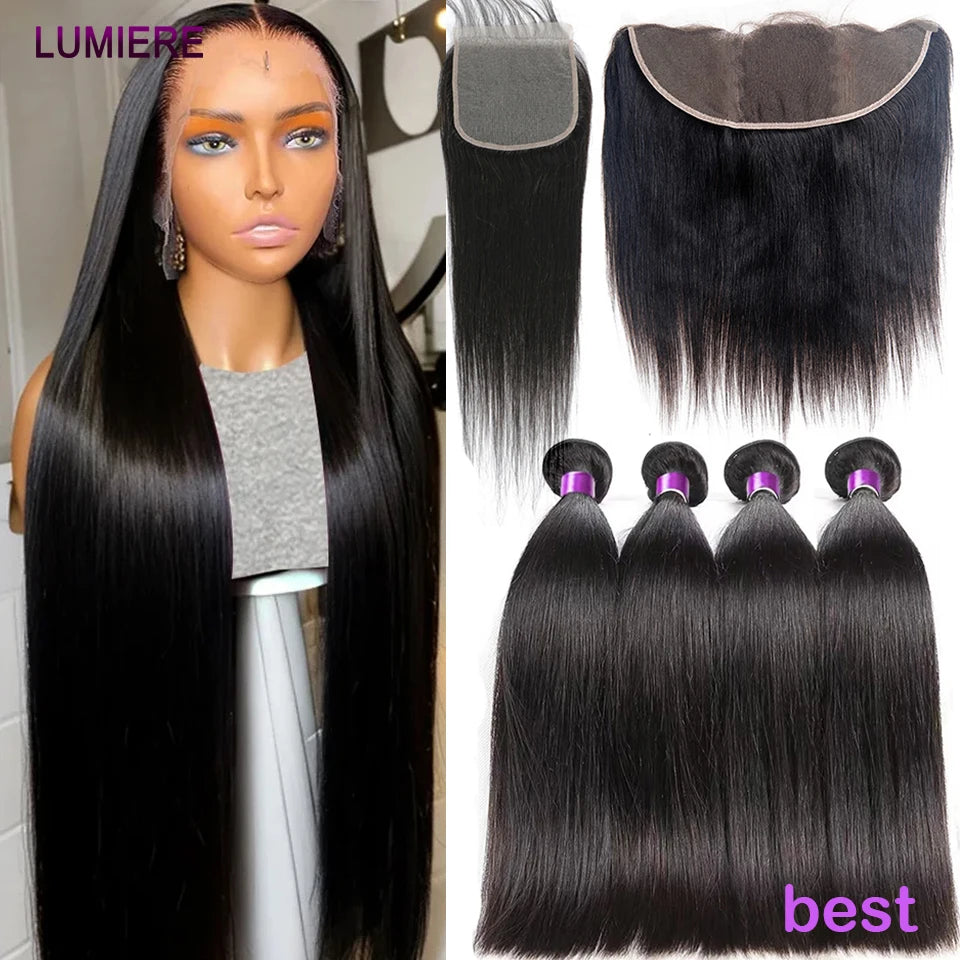 Bone Straight Human Hair Bundles with 13x4 HD Transparent Lace Frontal Closure And Bundle 100% Virgin Hair Weave 3/4 Bundle Deal