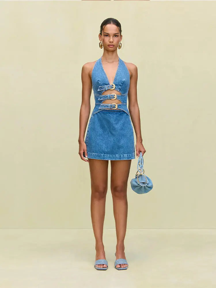 Deep V Neck Halter Denim Dress Hollow Out Belt Design Waist Cinched Slim Fit Cowboy Women Vest Short Dresses Streetwear Clothes