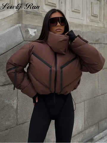 Street Thicken Cotton Women Short Coat Long Sleeve Zippers Pocket Pocket Stand Female