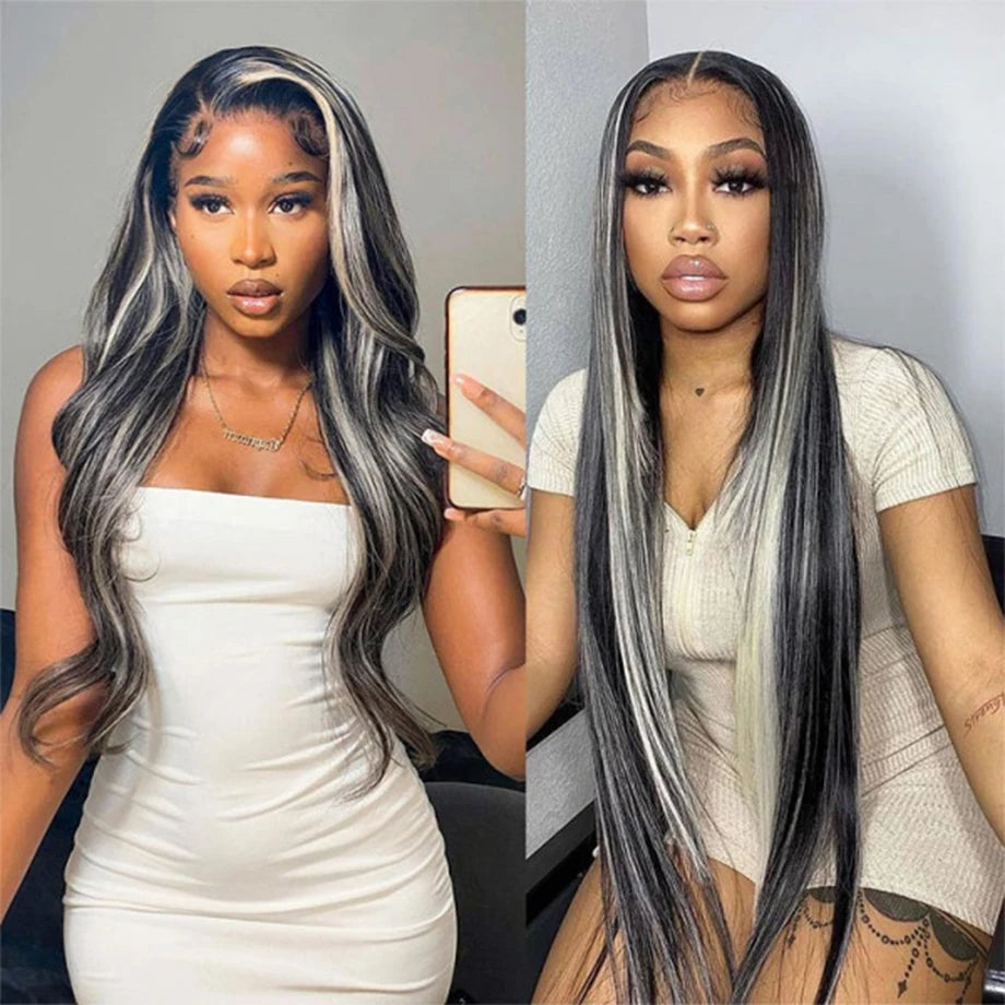 34Inch Straight Highlight Lace Frontal Wigs Human Hair Silver Grey And Black Colored Lace Front Wig For Women HD Transparent
