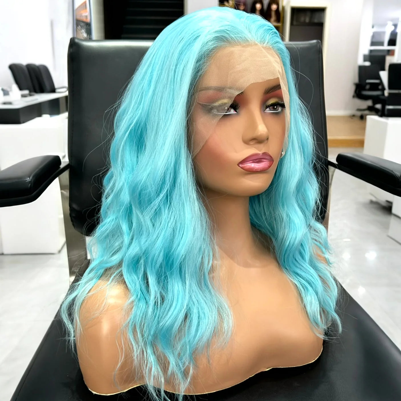 Short Curly Wavy Bob Wig – Sky Blue Synthetic Lace Front Wig, Shoulder-Length Loose Wave for Women