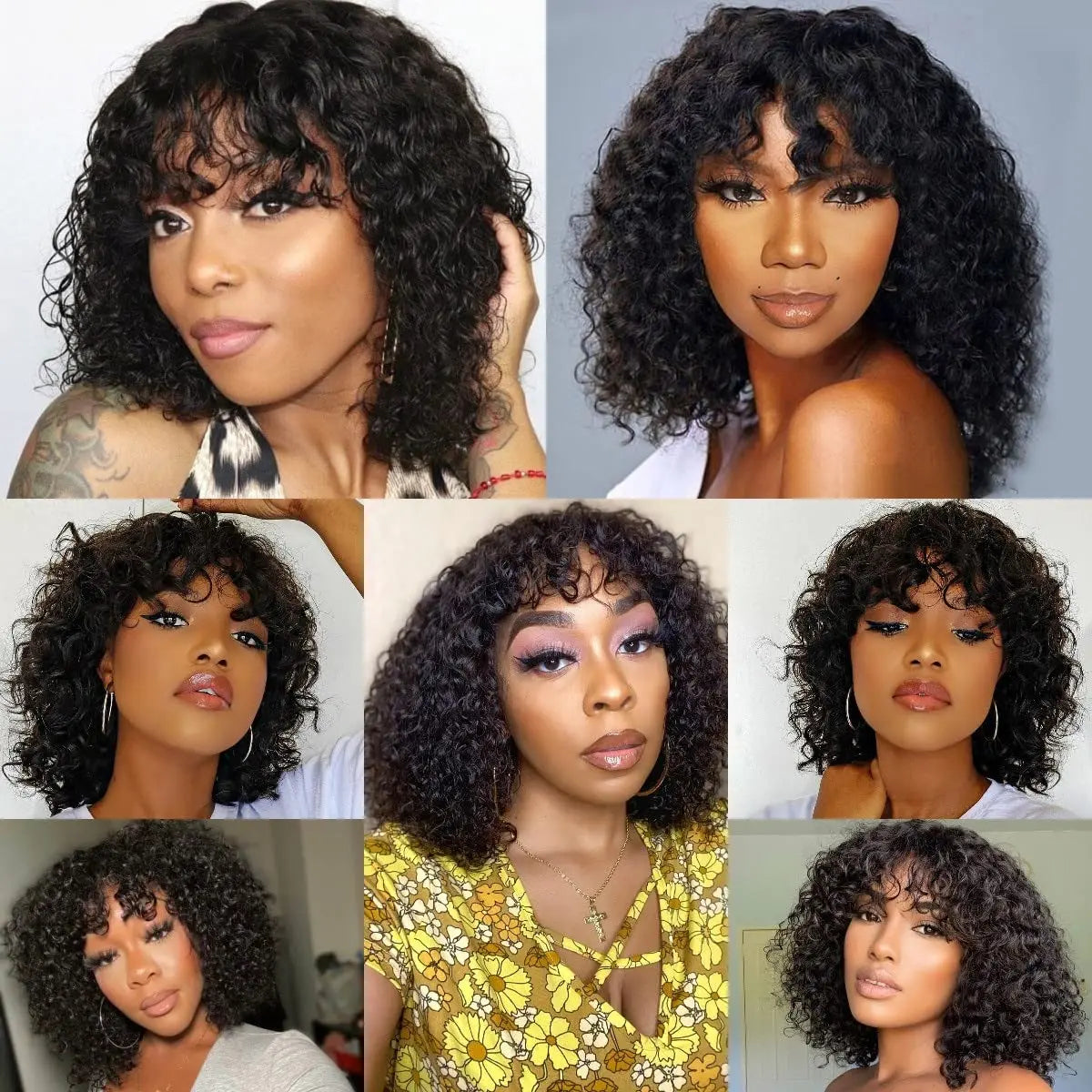 Curly Human Hair Wig with Bangs – 180% Density Water Wave Virgin Brazilian Wig, Glueless Full Machine Made for Black Women