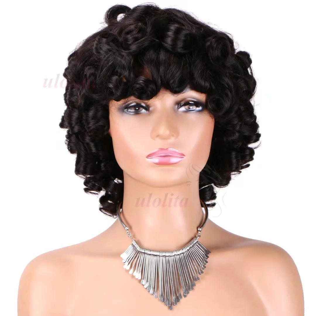 Bouncy Curly Human Hair Wig with Bangs – Pixie Cut Bob, Loose Wave 100% Remy Machine-Made Wig (200% Density)