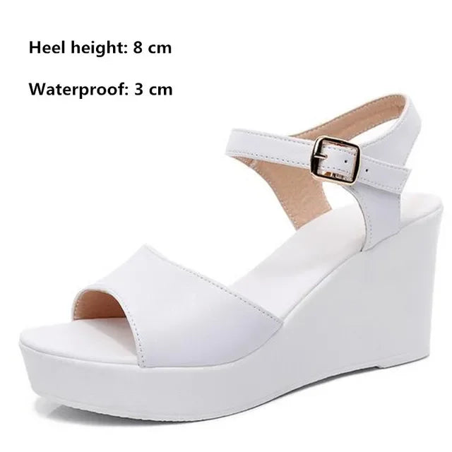 BEYARNENew Black White Fish Mouth Genuine Leather Sandals Wedges Platform High Heeled Sandals6 / 8 / 11Cm Big Size Women Sandals