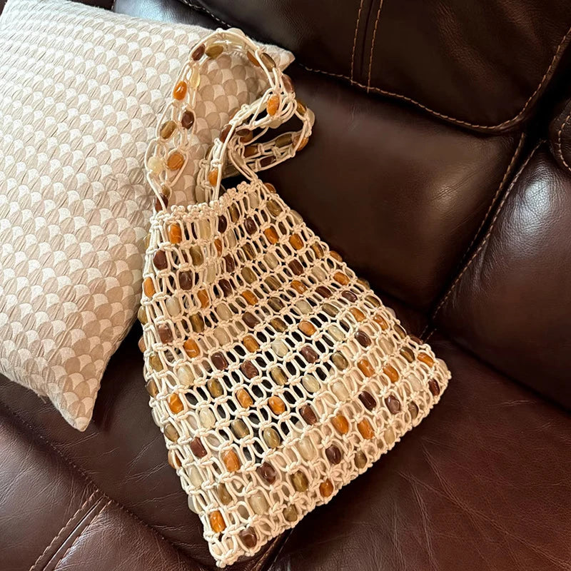 Handmade Shell Embroidery Woven Tote Bag – Luxury Straw Bucket Handbag with Wooden Handle