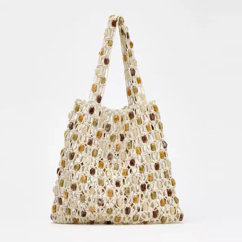 Handmade Shell Embroidery Woven Tote Bag – Luxury Straw Bucket Handbag with Wooden Handle