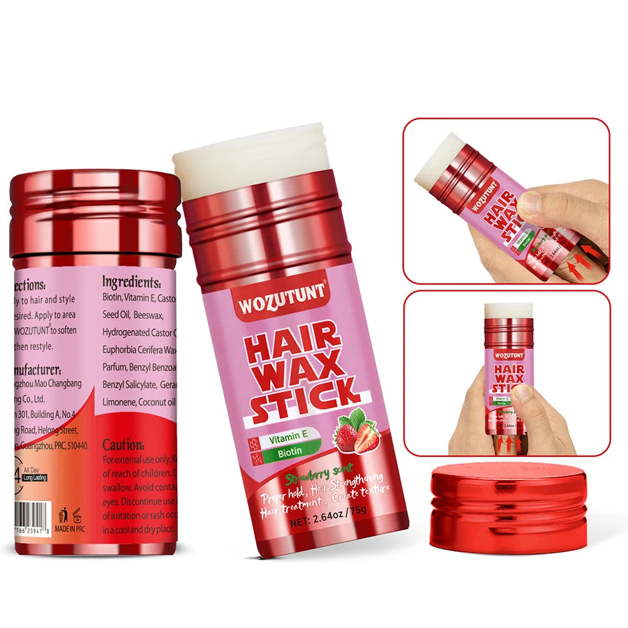 Strawberry Hair Wax Stick – Vitamin E Styling Pomade for Frizz Control & Texture