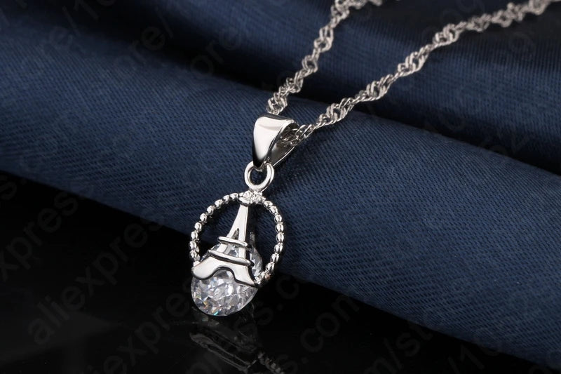 Female Shinny CZ Necklace/Earrings Set 925 Sterling Silver Tower Pendant Jewely Sets Party Gifts