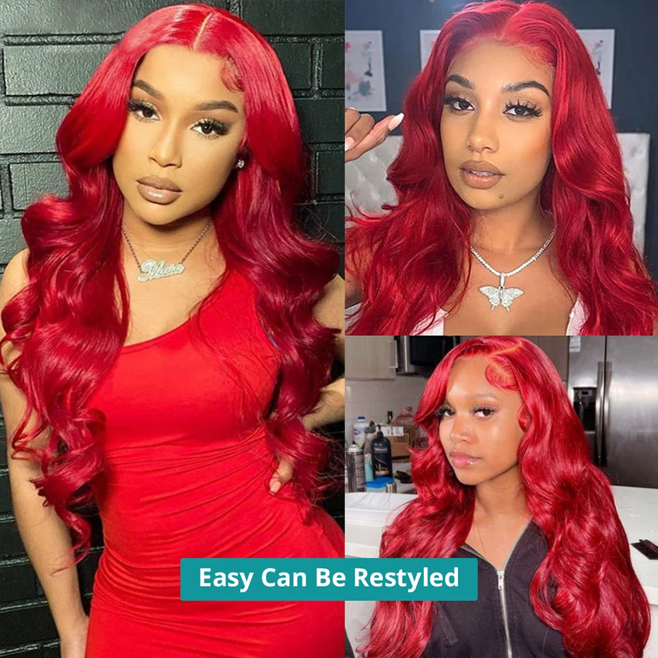 13x4 Hot Red Lace Front Human Hair Wigs Body Wave Burgundy Red Colored Transparent Lace Front Wigs Human Hair Remy 200% Density