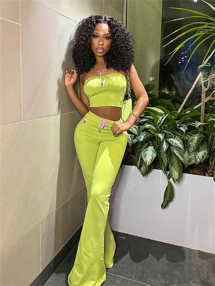 Simenual Y2K Green Floral Two-Piece Set – Strapless Tube Top & Flare Pants Co-ord Outfit