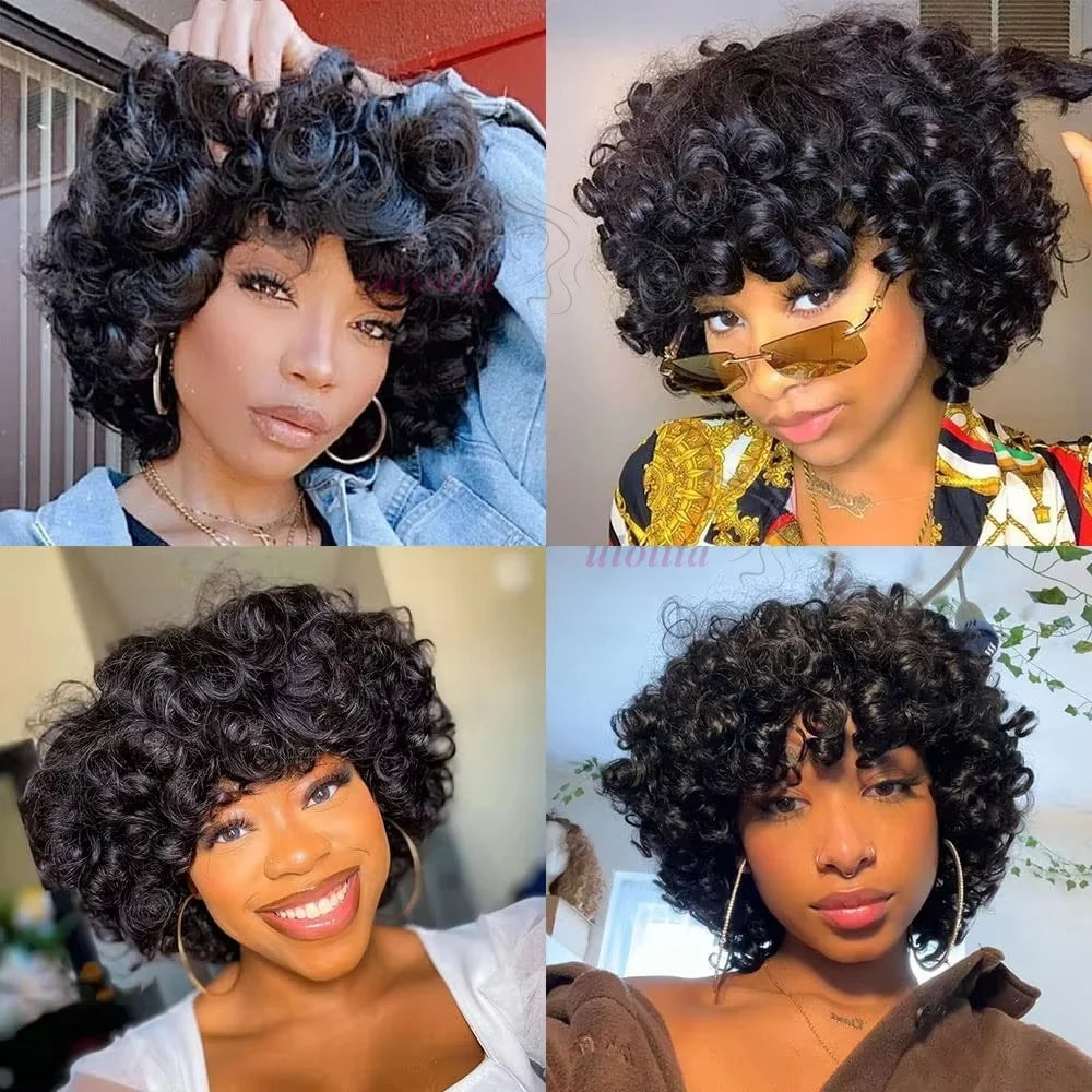 Bouncy Curly Human Hair Wig with Bangs – Pixie Cut Bob, Loose Wave 100% Remy Machine-Made Wig (200% Density)