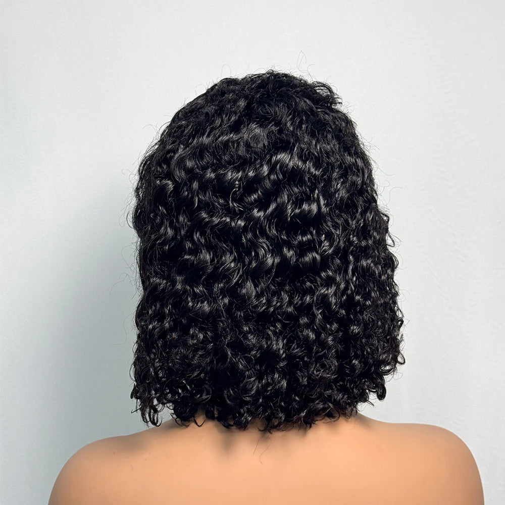250% Density Double Drawn 12A 10 Inches Bob Pixie Cut Water Wave Curly Human Hair Wig 13x4 Transparent Lace Front Human Hair Wig