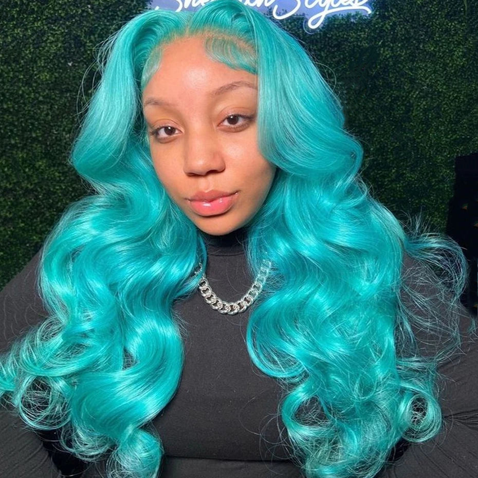 13x6 Teal Ocean Blue Lace Front Wig Human Hair Body Wave 613 Blonde Lace Frontal Wig Preplucked Mint Green Color Human Hair Wigs