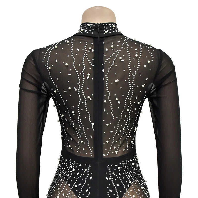 Luxury Autumn Women Skinny Diamonds Sparkly Sheer Mesh Jumpsuits Cut Out Rhinestone Black Sexy Party Evening Jumpsuit Rompers