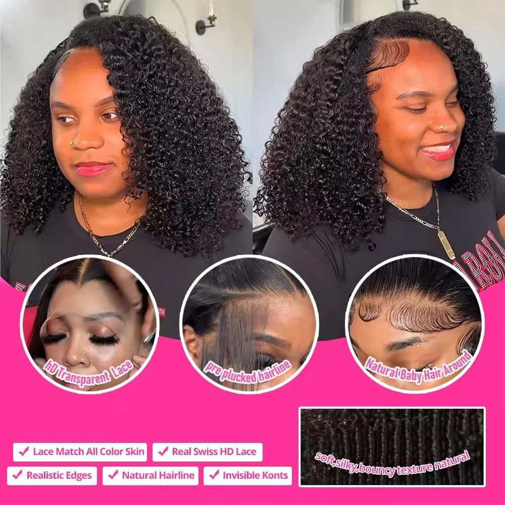 Kinky Curly Bob Human Hair Wig – 13x4 Transparent Lace Front, Pre-Plucked Brazilian Remy (180% Density)