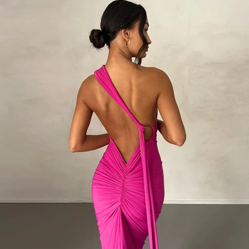 Dulzura Neon Y2K Clothes One Shoulder Sleeveless Backless Ruched Bodycon Maxi Dresses For Women Club Birthday Party Evening Prom
