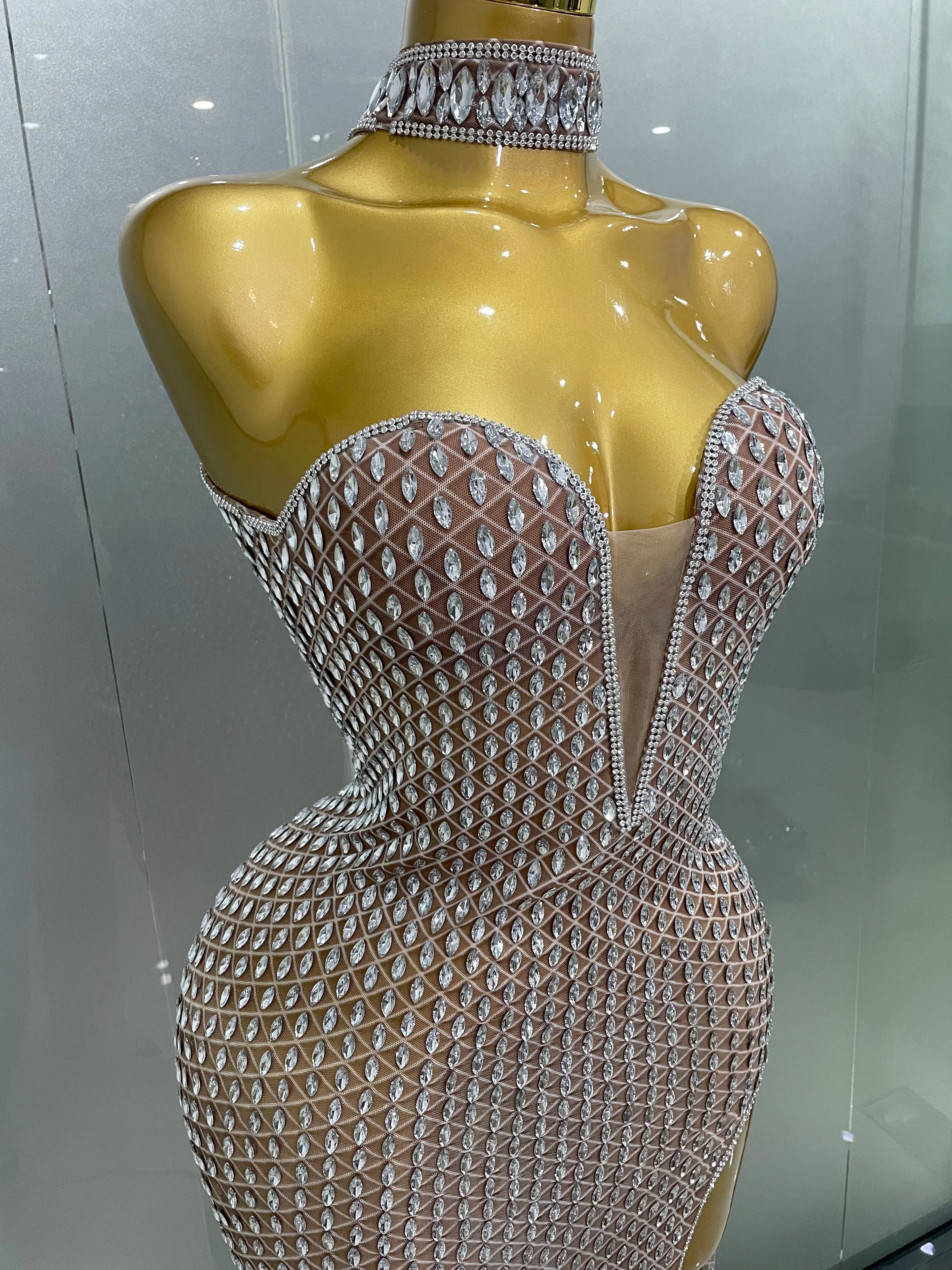 2025 Luxurious Full Rhinestones Mesh Transparent long dress Women Birthday Celebrate Evening Prom Dress party Club Stage Costume