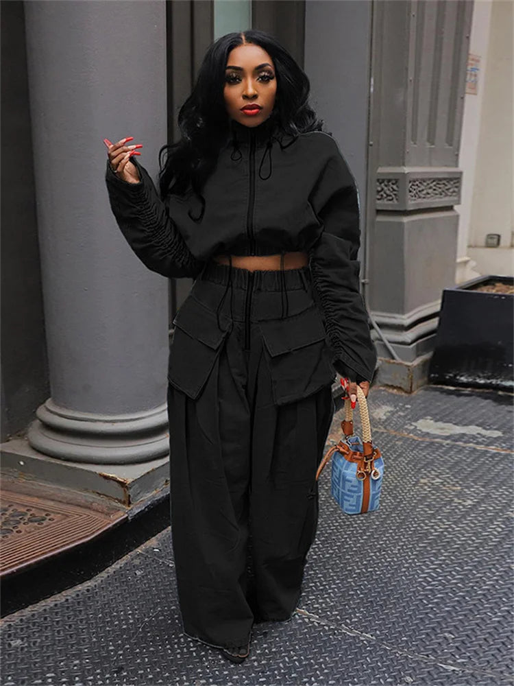Jeans Women High Waist Denim Bottom Boy Friend Straight Cargo Pockets Zip Pants Korean Streetwear