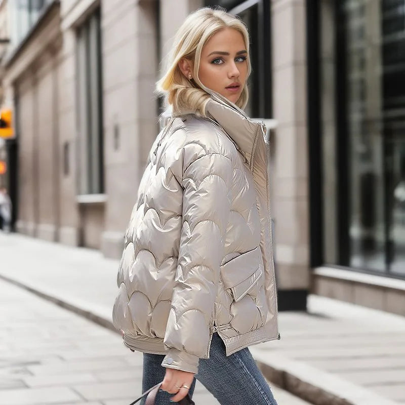 Short Glossy Puffer Jacket - Women's Quilted Coat with Color-Popping Style