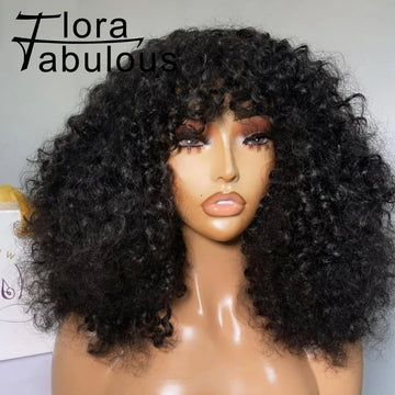 Curly Human Hair Wig with Bangs – 180% Density Water Wave Virgin Brazilian Wig, Glueless Full Machine Made for Black Women