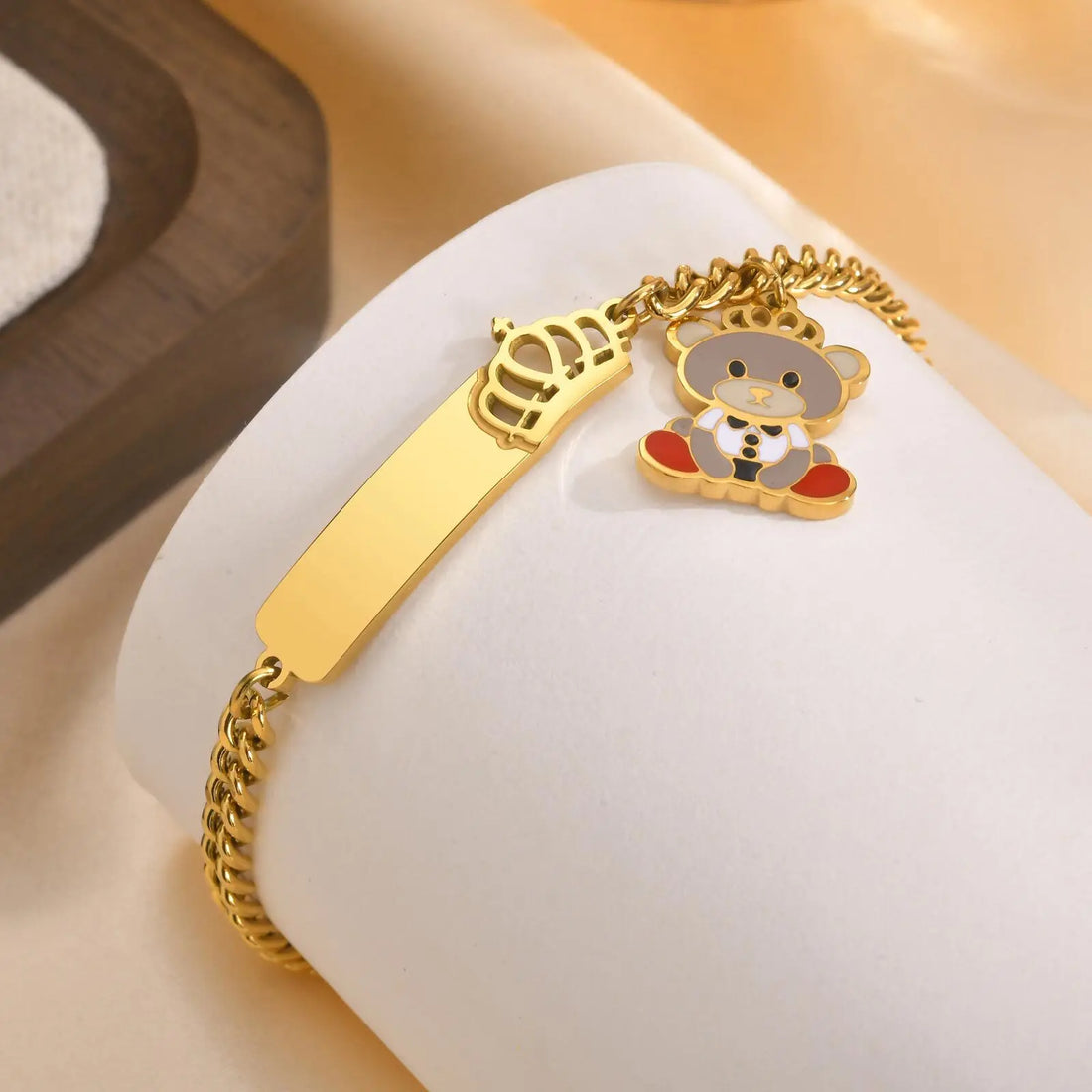 Infant Stainless Steel Crown Chain Link Baby Bear Bracelet with Free Engraving for Kids Child Birthday Gift