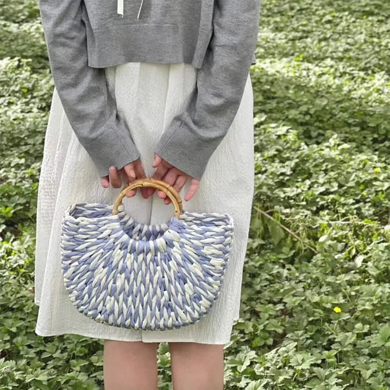 Handmade Shell Embroidery Woven Tote Bag – Luxury Straw Bucket Handbag with Wooden Handle