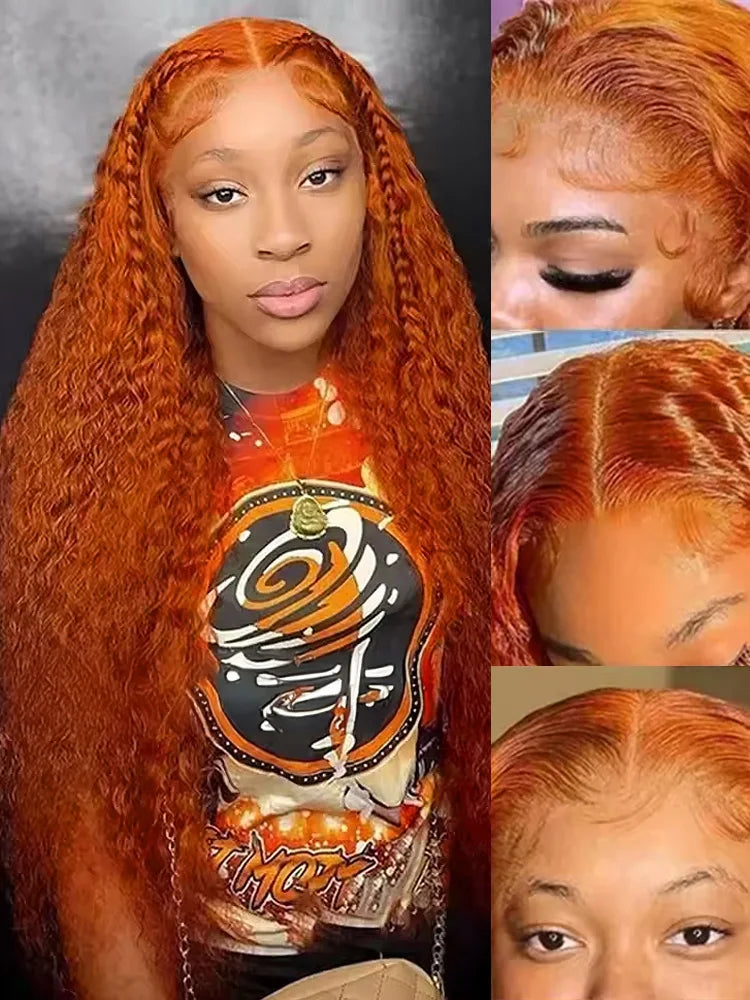 200 Density Orange Ginger 13x6  Lace Frontal Wig Curly Human Hair Wigs 30 40 Inch Deep Wave 13x4 HD Lace Front Human Hair Wig