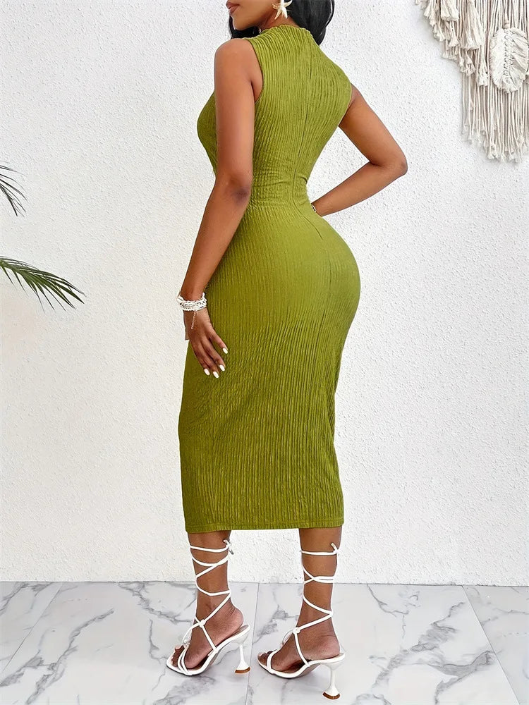 2024 New Black Style Women's Hollow Elastic Waist Frill Stretch Sleeveless Sheath Dress Women's Clothing Skirts Women's