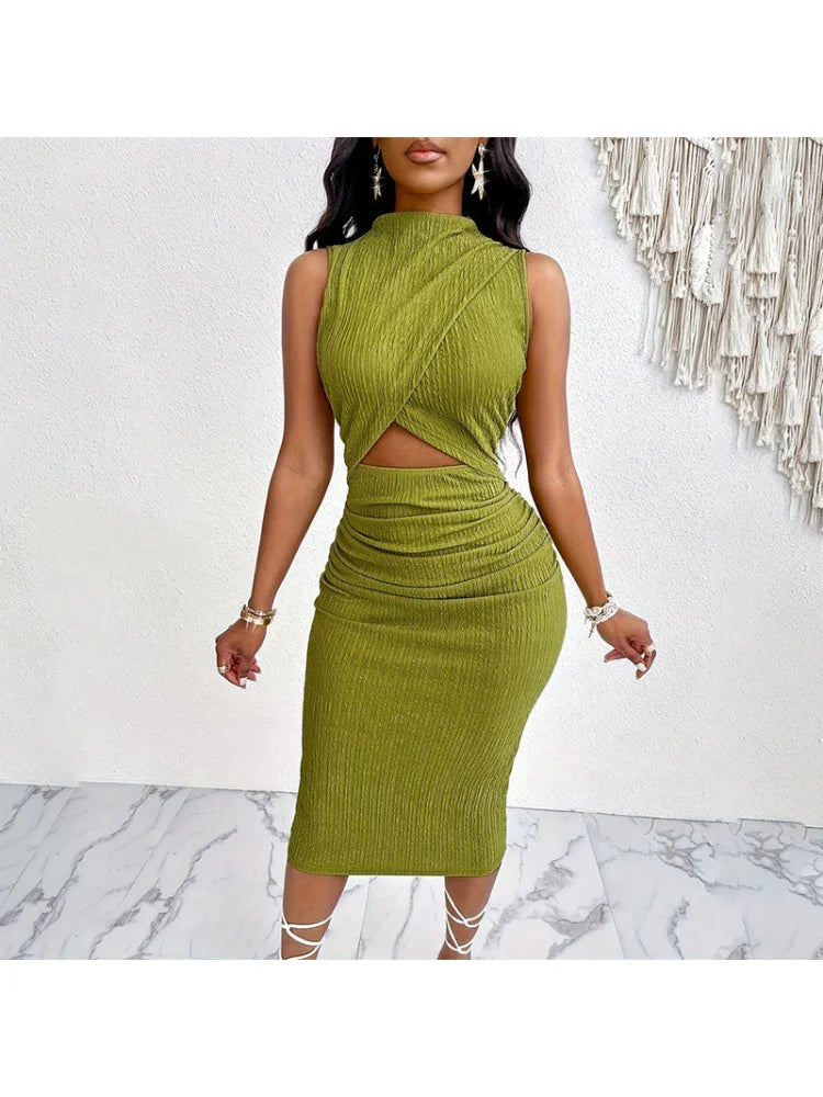 2024 New Black Style Women's Hollow Elastic Waist Frill Stretch Sleeveless Sheath Dress Women's Clothing Skirts Women's