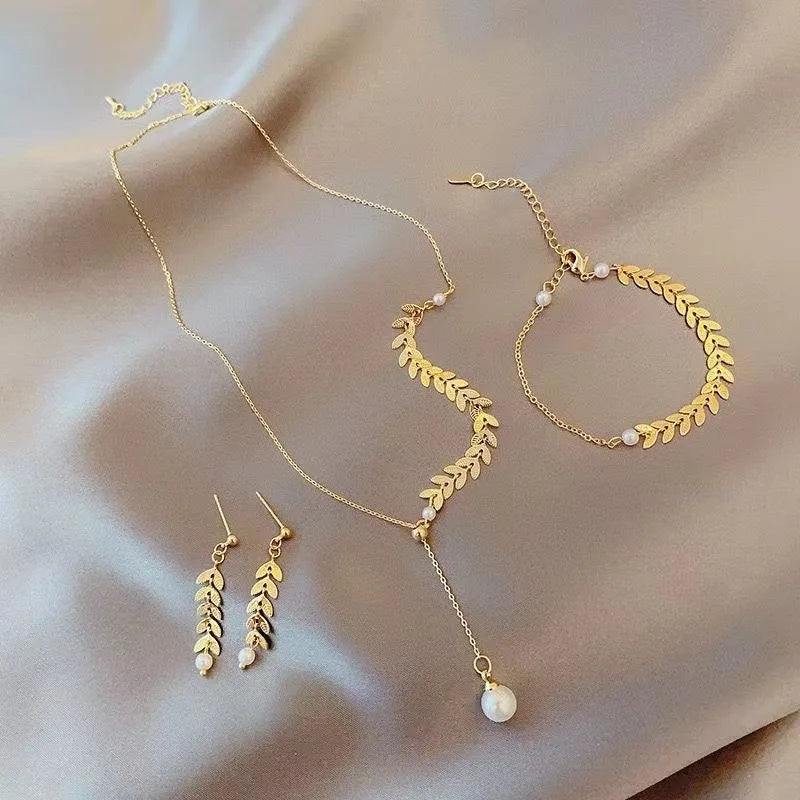 Simple Wheat Ear Pearl Bracelet Necklace Earrings Jewelry Set for Women Temperament Lucky Gold Color Bracelet Charm Jewelry