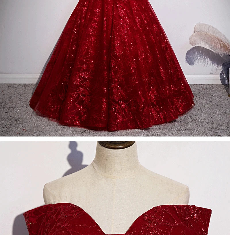 Red Evening Dress 2024 New Off The Shoulder Classic Elegant Ball Gown Sleeveless Sequined Tulle Banquet Shinning Host Customized