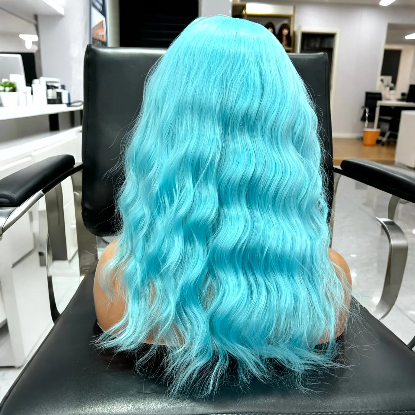 Short Curly Wavy Bob Wig – Sky Blue Synthetic Lace Front Wig, Shoulder-Length Loose Wave for Women