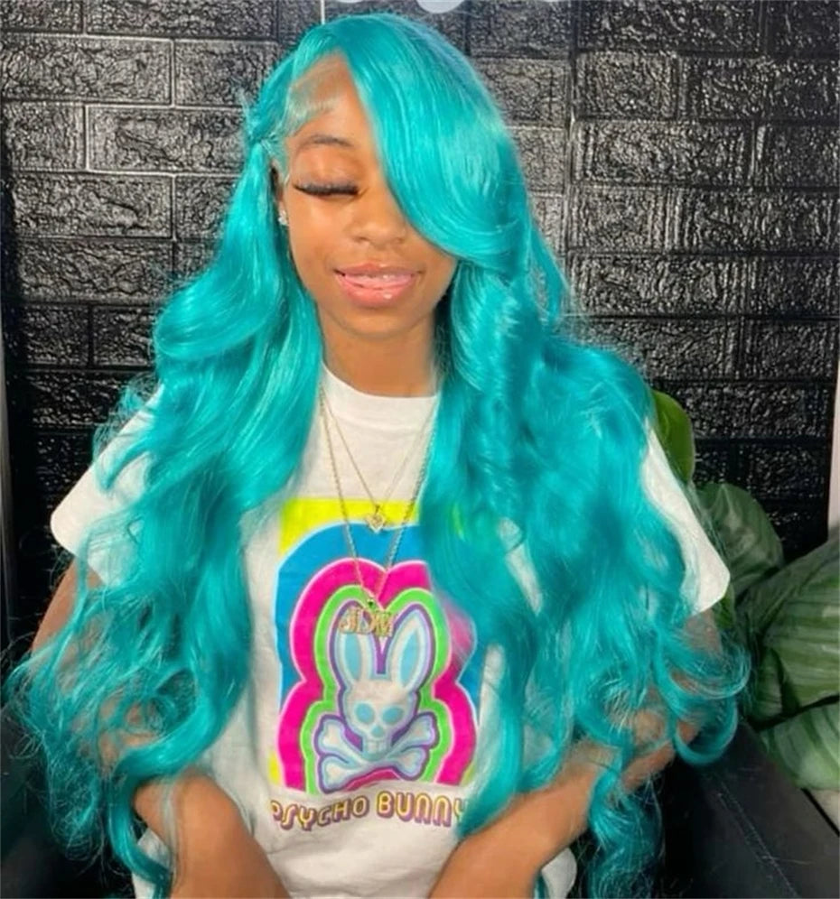 13x6 Teal Ocean Blue Lace Front Wig Human Hair Body Wave 613 Blonde Lace Frontal Wig Preplucked Mint Green Color Human Hair Wigs
