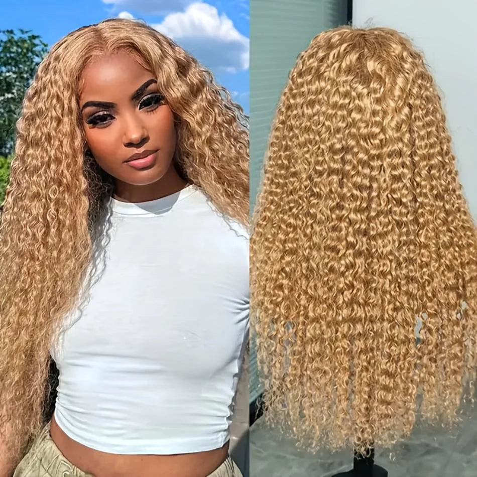Curly Honey Blonde Human Hair Wig – 13x6/13x4 HD Lace Frontal, Pre-Plucked Brazilian Deep Wave Wig (30 Inch Long)