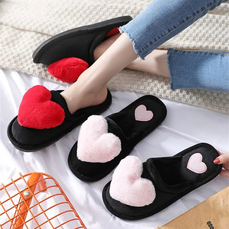 Women’s Plush Heart Slippers – Warm Indoor Non-Slip Winter House Shoes