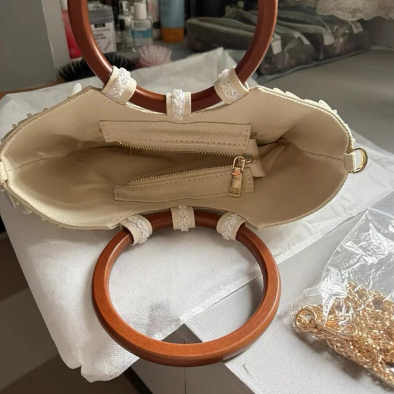 Handmade Shell Embroidery Woven Tote Bag – Luxury Straw Bucket Handbag with Wooden Handle