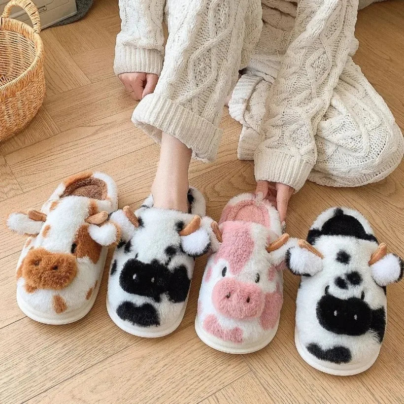 Cow Cartoon Plush Slippers – Kawaii Non-Slip Indoor Winter Shoes for Women & Men