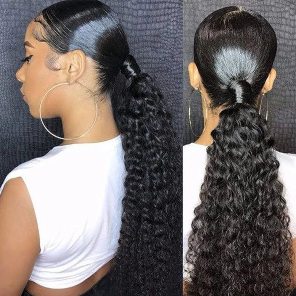 Straight Ponytail 10-32 Inches Machine Made Magic Wrap Around Clip In Ponytail Black Remy Curly Brazilian Human Hair Extensions