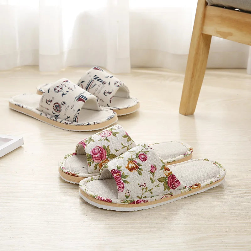Four Season Linen Home Slippers – Women’s Indoor Non-Slip Floral Slides with Cartoon Cat Design