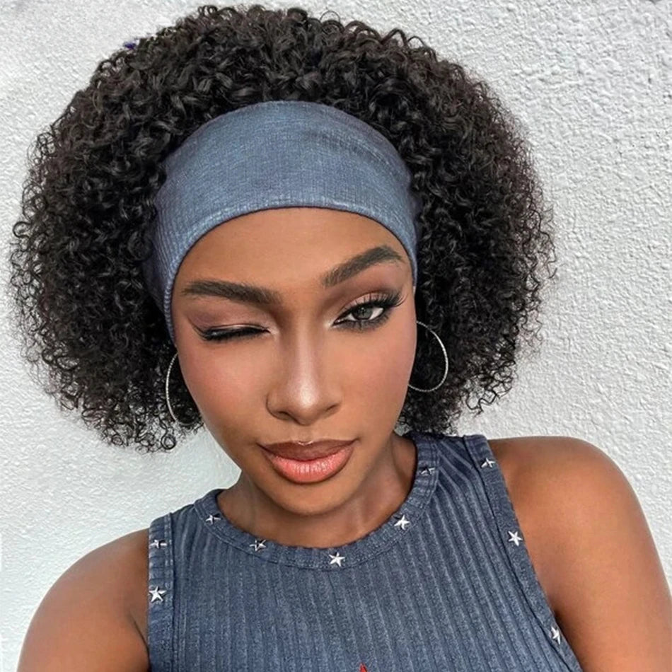 Short Kinky Curly Headband Wig – 100% Brazilian Human Hair, Full Machine Made Glueless Wig (Remy, Curly Wave)