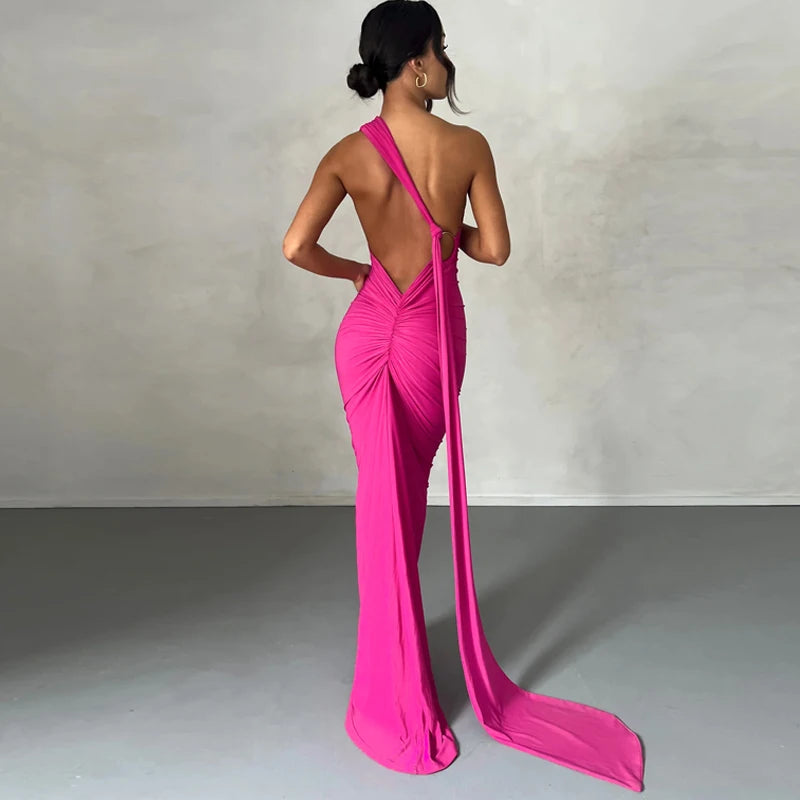 Dulzura Neon Y2K Clothes One Shoulder Sleeveless Backless Ruched Bodycon Maxi Dresses For Women Club Birthday Party Evening Prom
